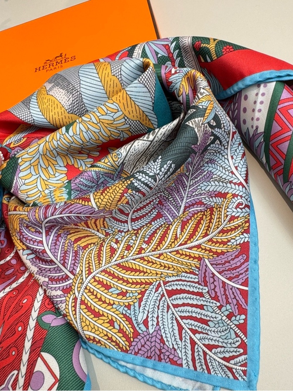 Hermès Multicolor Botanical Silk Scarf - Red, Blue & Yellow Accents